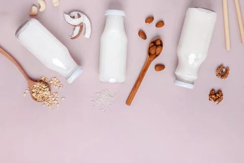 Different types of non dairy vegan milk Stock Photos