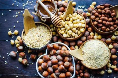 Different types of nuts Stock Photos