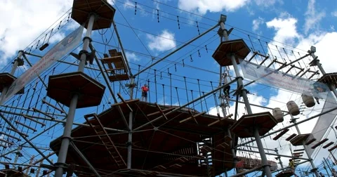 Different types of obstacles in the rope Park at VDNH Stock Footage 67941018