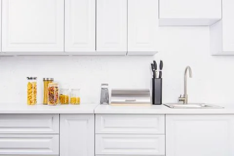 Different types pasta glass jars Stock Photos