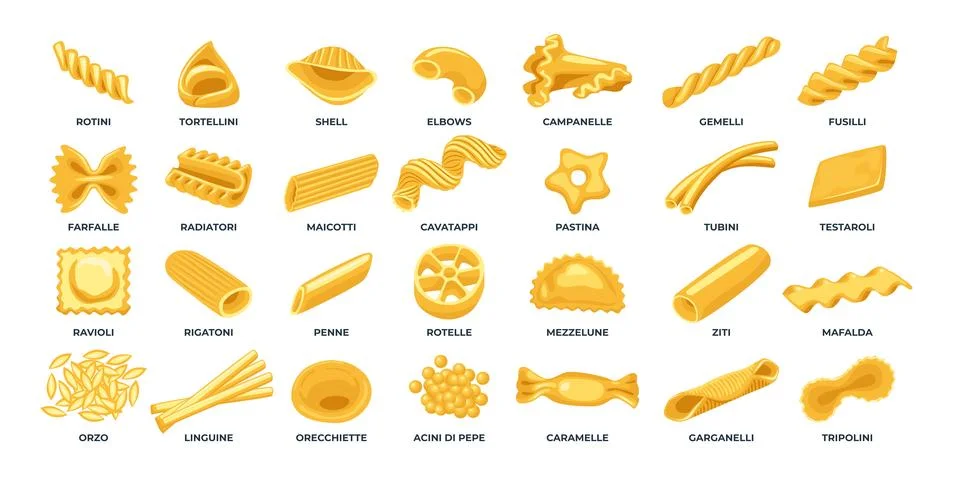 Different types of pasta types set collection, decorative elements for menu.. Stock Illustration
