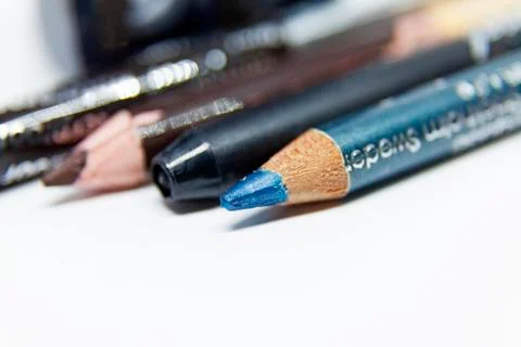 Different types of pencils used in makeup Stock Photos