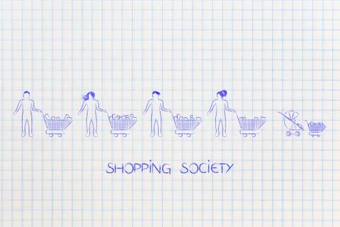 Different types of people all with a shopping cart including a baby in stroll Stock Illustration