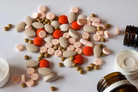 Different types of pills Stock Photos