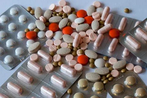 Different types of pills Stock Photos