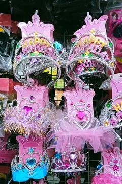 Different types of pink and silver tiaras and crowns Stock Photos