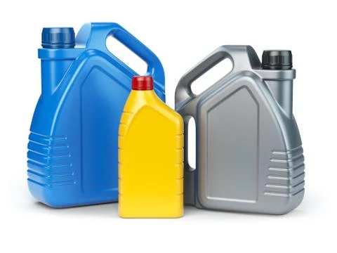 Different types of plastic canisters of motor oil on white isolated backgroun Stockillustratie