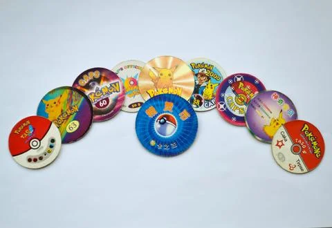 Different types of Pokemon chips that children played with in the 90s Stock-Fotos