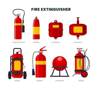 Different types of Portable or industrial fire extinguisher, firefighter eq.. Stock Illustration