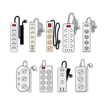 Different types of power strips with multiple outlets Stock Illustration