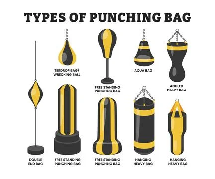 Different types of punching bag types, educational exercise workout gym pos.. Illustrazione stock