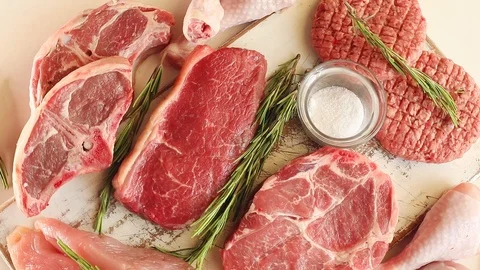 Different types of raw meat Stock Footage 97558692