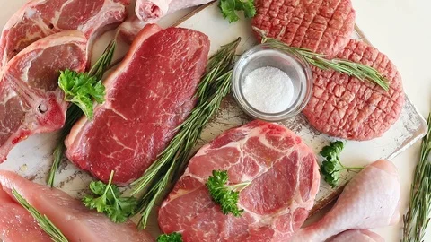 Different types of raw meat Stock Footage 97558716