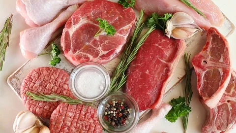 Different types of raw meat Stock Footage 97558728