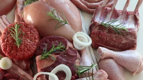 Different types of raw meat	 Vídeo Stock 329777302