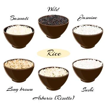 	Different types of rice Basmati, wild, jasmine, long brown, in ceramic bowls Stock Illustration