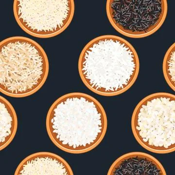 Different types of rice in bowls on dark wooden background. seamless pattern Illustrazione stock