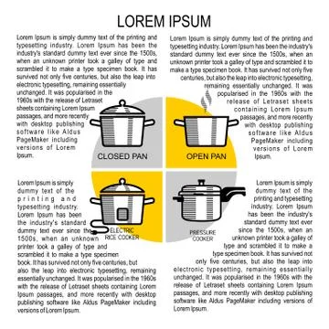 Different types of rice cooking instructions. Closed Pan, Open Pan, Pressure  Stock Illustration