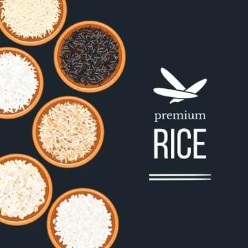 Different types of rice in plates and bowls on dark background. top veiw Stock Illustration
