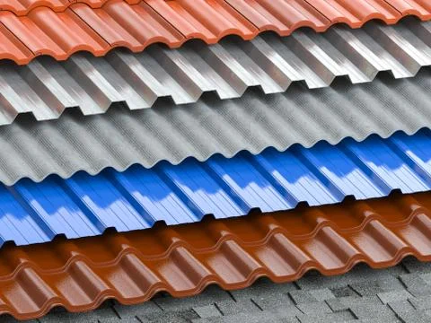 Different types of roof coating. Background from layers of sheet metal  profi Stock Illustration