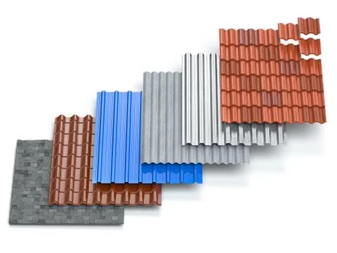 Different types of roof coating. Sheet metal  profiles, ceramic tiles, asphal Stock Illustration