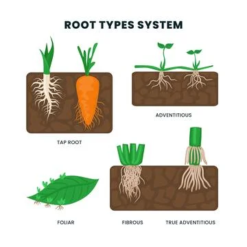 Different types of root system in soil from side view in biological diagram.. Stock Illustration