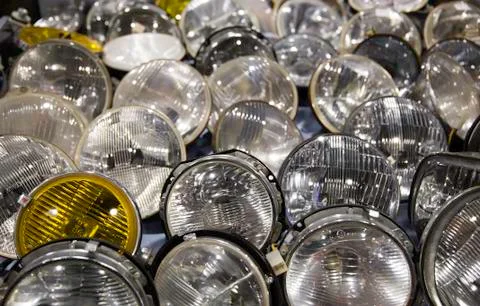 Different types of round headlights of car Stock Photos