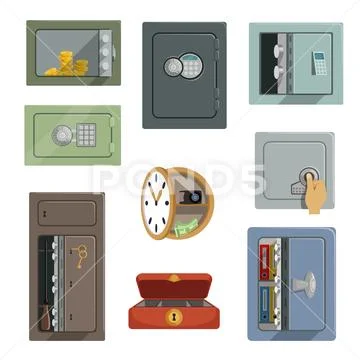 Different types of safes set, property security concept vector Illustrations Stock Illustration