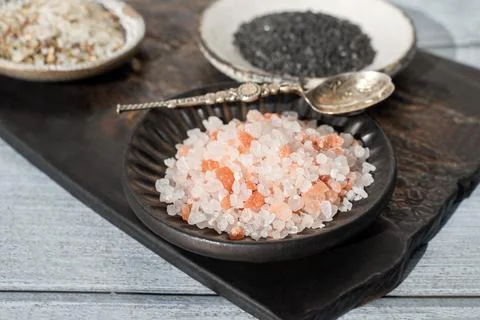 Different types of salt. Three different types of salt in handmade craft pl.. Stock Photos