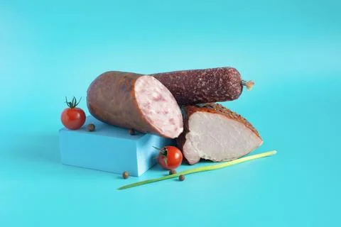 Different types of sausages and meat products in close-up Stock Photos