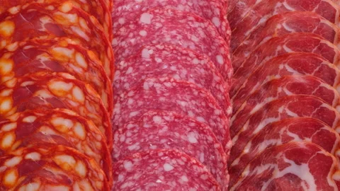 Different types of sausages close up. Sliding shot. 4K UHD video Stock Footage 164821997