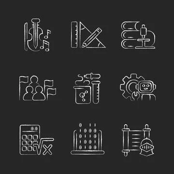 Different types of school subjects chalk white icons set on dark background Stock Illustration