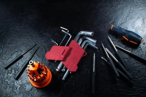 Different types of screwdrivers and hex keys. Working instruments for maint.. Foto stock