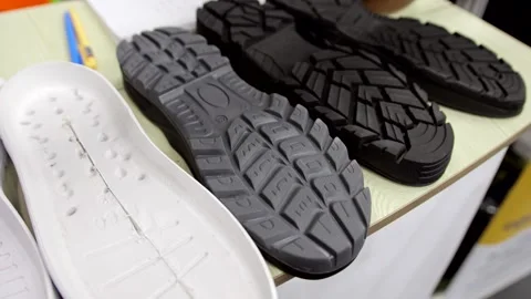 Different types of shoe soles displayed on a table, showing various materials. Stock Footage 329324141