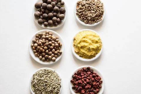 Different Types of Spices and Herbs. Collection of colorful spices Stock Photos