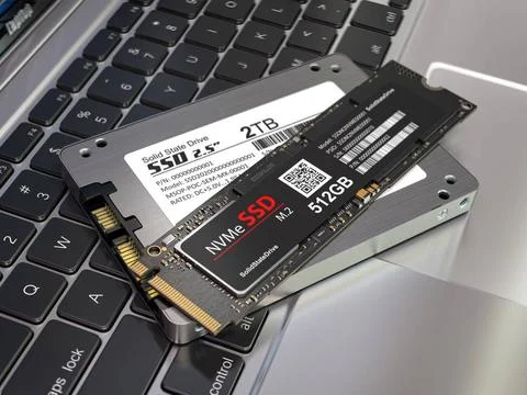 Different types of SSD disk drive isolated on laptop keyboard. Classic SSD... 스톡 사진
