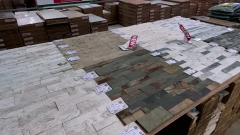 Different Types of Stone Wall Accent Sold in a Hardware Stoe Stock Footage 236591754