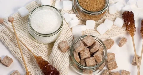 Different types of sugar. Rotate, top view Stock Footage 147369204