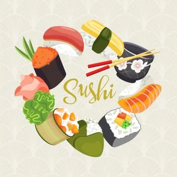 Different types of sushi, a device for eating, made in a flat style Illustrazione stock