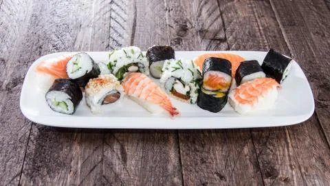 Different types of sushi on a plate Stock Photos