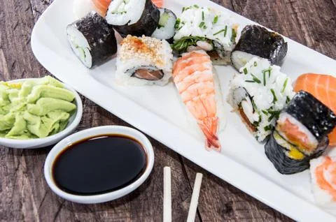 Different types of sushi on a plate Stock Photos