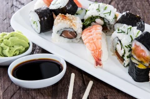 Different types of sushi on a plate Stock Photos
