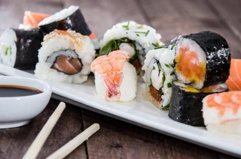Different types of sushi on a plate Stock Photos