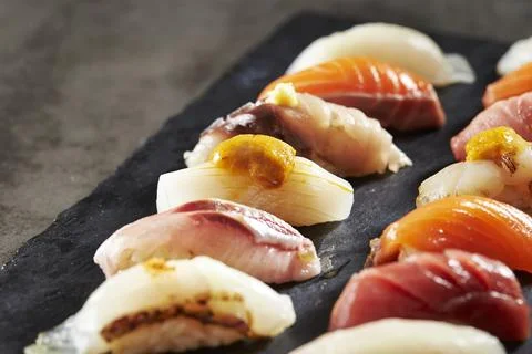 Different types of sushi on a plate Stock Photos