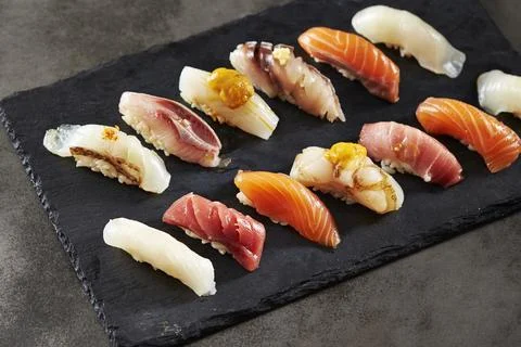 Different types of sushi on a plate Stock Photos