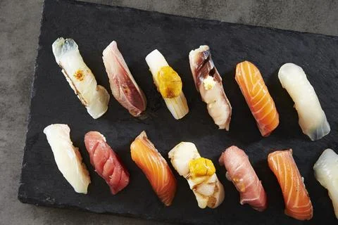 Different types of sushi on a plate Stock Photos