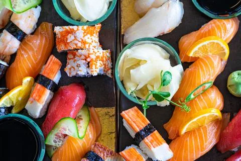 Different types of Sushi sashimi rolls big sushi set close up Stock Photos