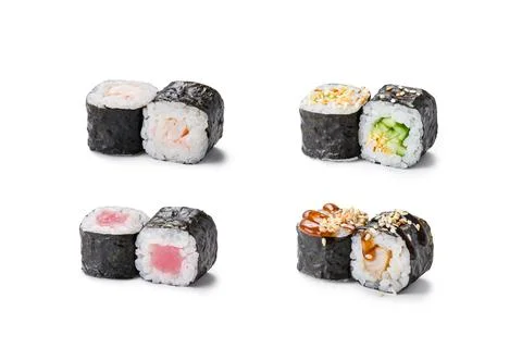 Different types of sushi on a white background. Stock Photos