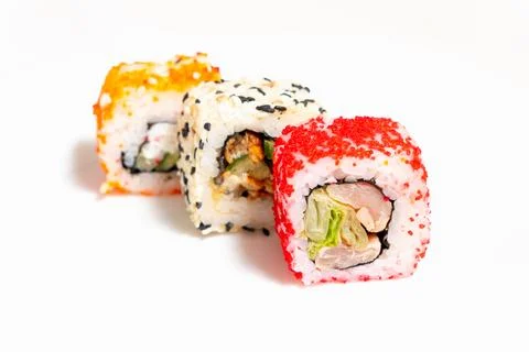 Different types of sushi on a white background close-up 스톡 사진
