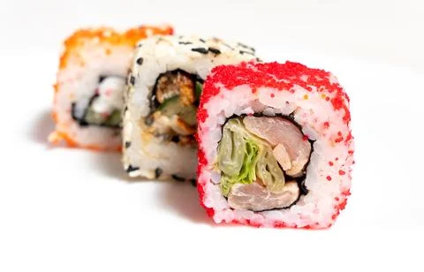 Different types of sushi on a white background 스톡 사진